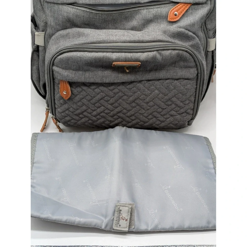 BabbleRoo Gray Diaper Bag Backpack Changing Pad Pacifier Case Multi Pocket Baby